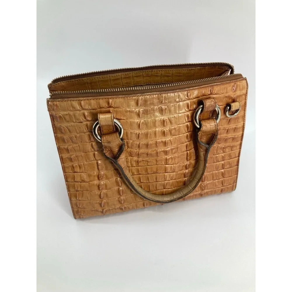 Brahmin Pecan Croc Embossed Leather Satchel Handbag Tan Zip Top Small Tote